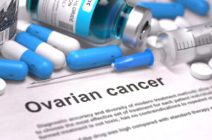 Ovarian Cancer - Printed Diagnosis with Blue Pills, Injections and Syringe. 