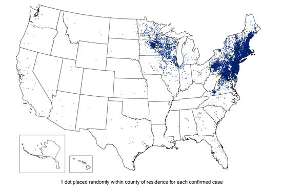 map of United States of all the confirmed places of Lyme disease